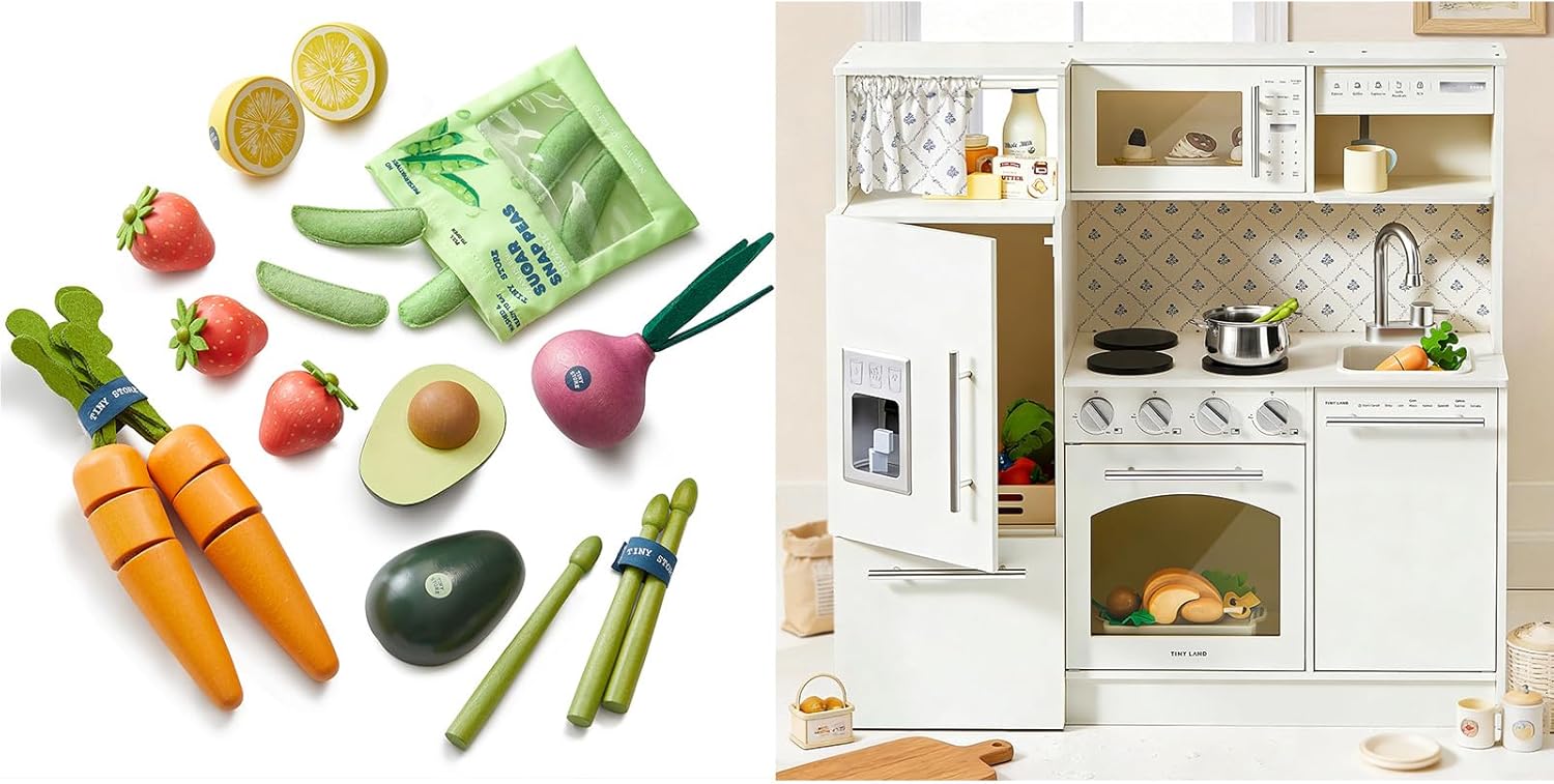 Tiny Land Organic Wooden Vegetable & Fruit Play Set ，Play Kitchen