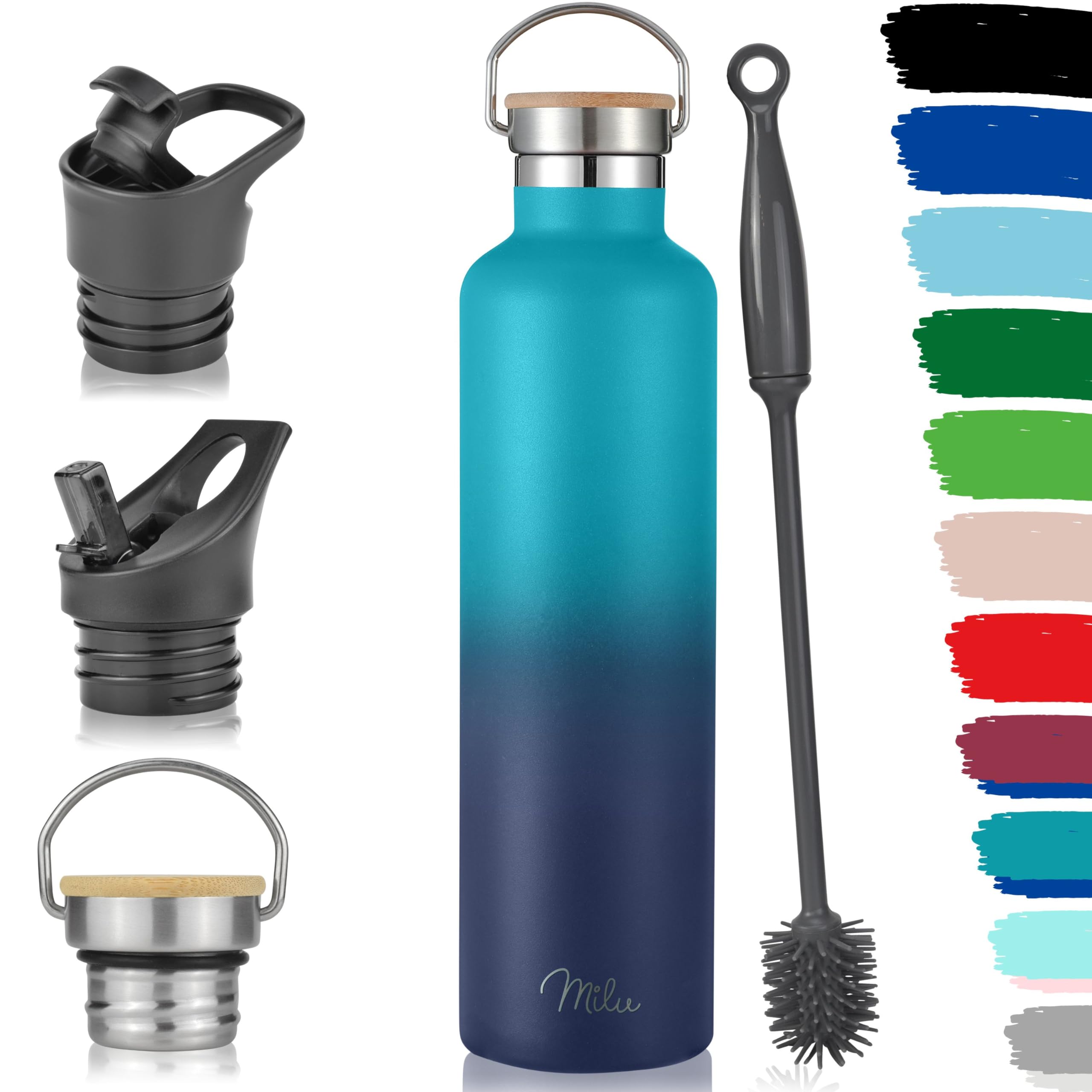 Milu ['Green']" Or "['Blue'] Stainless Steel Drinking Bottle 350Ml, 500Ml, 750Ml, 1L (+3 Lids) - Thermo Bottle With Straw, Water Bottle, For Hot, Cold & Carbonated Drinks (Green Blue, 1000Ml)