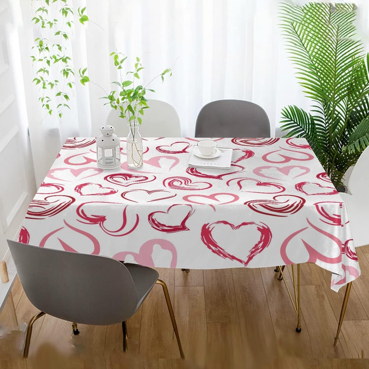 Valentines Day Square Tablecloth, Hearts Lover Rectangle Modern Table Linen Cloth Cover for Kitchen Dining Room Party Home Decor