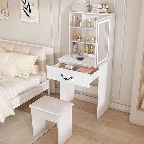 Miniatura 9 de Escritorio de tocador para adolescentes con espejo y luces, juego de mesa de maquillaje pequeño con cajón, taburete, compartimento oculto, estante