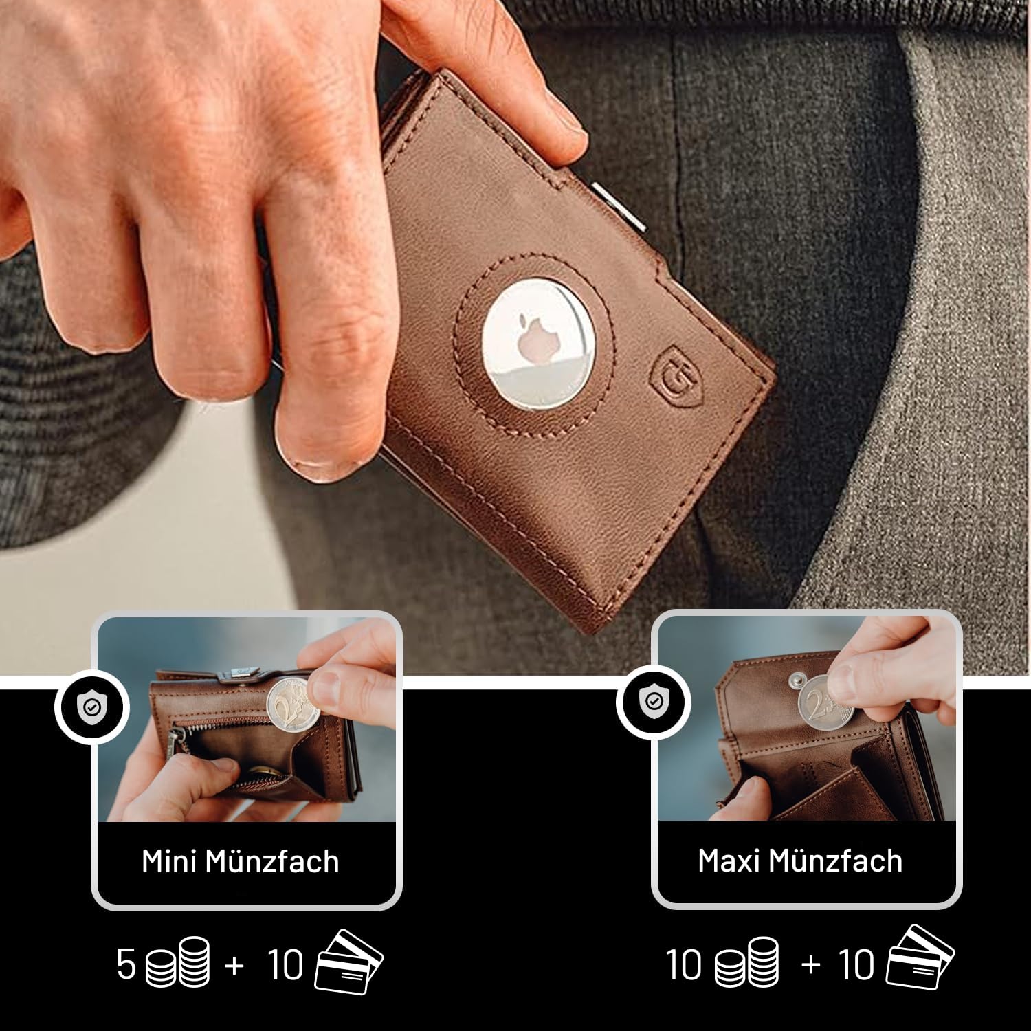 GenTo SMARTLET Push - portfel z kieszenią na monety - metalowe etui - Slim Wallet - sprawdzona ochrona RFID NFC - mały portfel - cienkie wąskie etui na karty, ciemnobrązowy, matowy., SMARTLET PUSH II