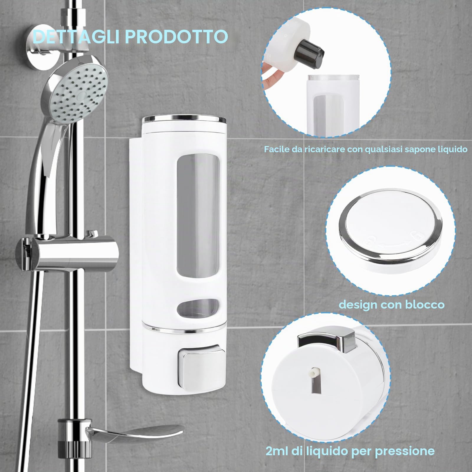 Dispenser di sapone da 400 ml con fissaggio a parete – Facile da montare | scomparto singolo per shampoo, bagnoschiuma e sapone per le mani – Pratico per il bagno e la cucina