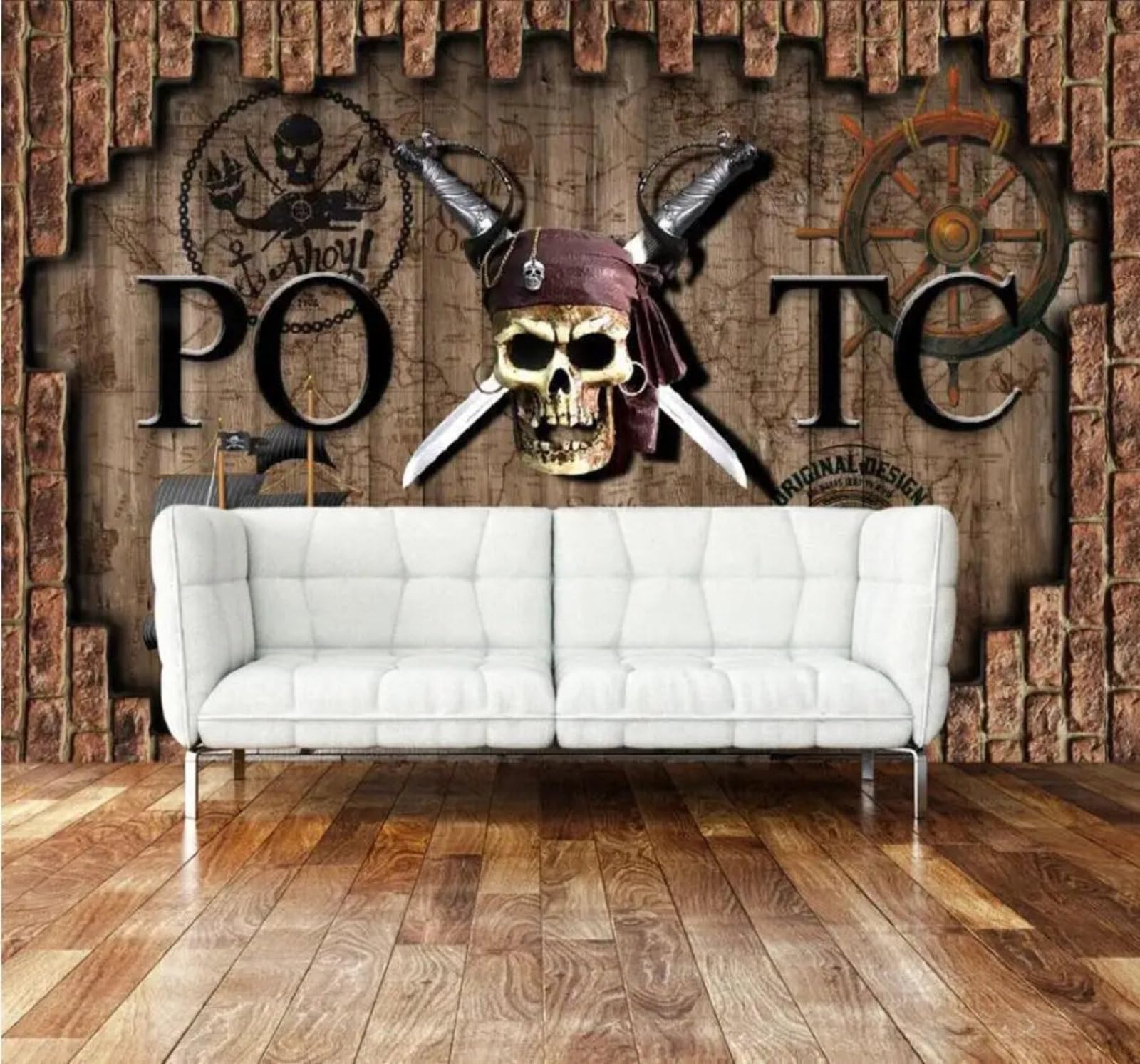 Tzxztt Vintage Brick Wall Pirates Sailing Ships Individuality Modern 3D Wallpaper Premium Textured Silk Neutral Tones Material Ideal for Living Room Bedroom-350cm×256cm