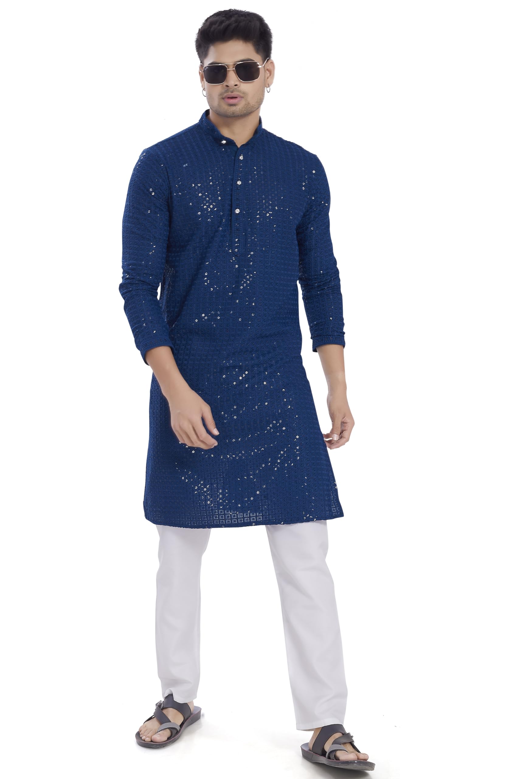 Divisive Men's Sequince Embroidered Cotton Blend Slim Fit Kurta Pyjama Set (Dkrt1206_Xxl_Aqua Blue)