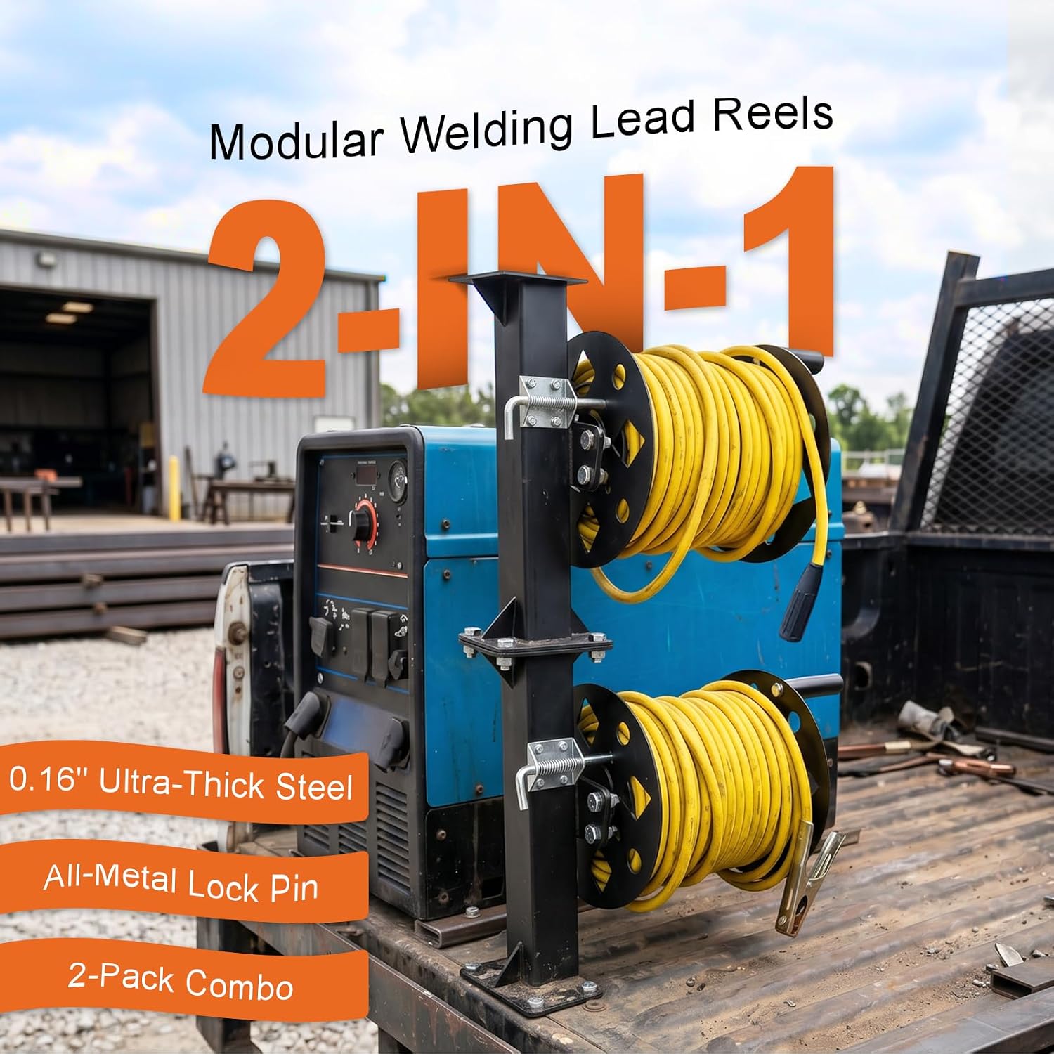 2-in-1 Modular Welding Lead Reels, 0.16" Ultra-Thick Steel Heavy Duty Welding Cable Reels, Stackable 2-Pack Welding Reels for Trucks, All-Metal Lock Pin