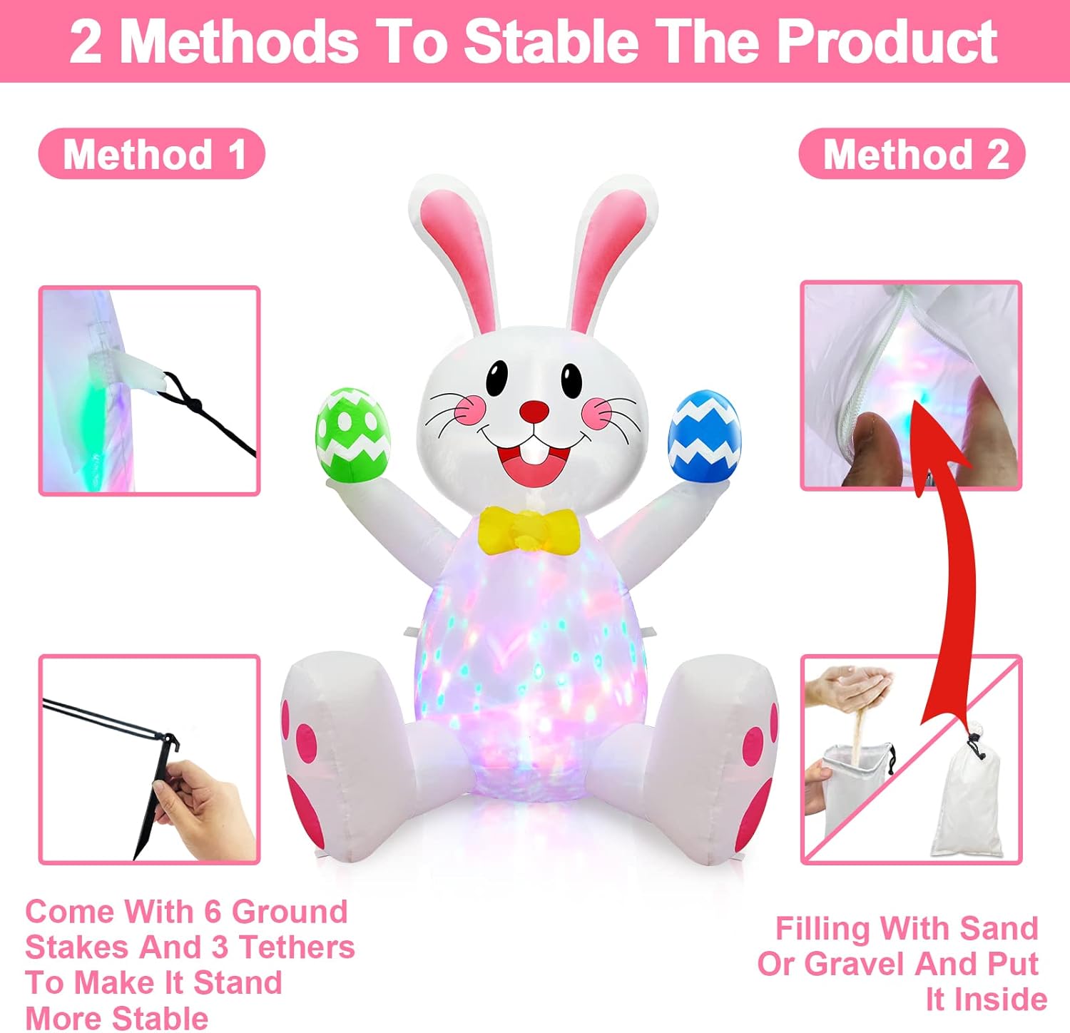 TURNMEON 4FT Easter Inflatable Bunny with Rotating Colorful LED Lights - Waterproof Outdoor Decorations Blow Up Yard Decor for Garden, Lawn, Includes Ground Stakes & Sandbags