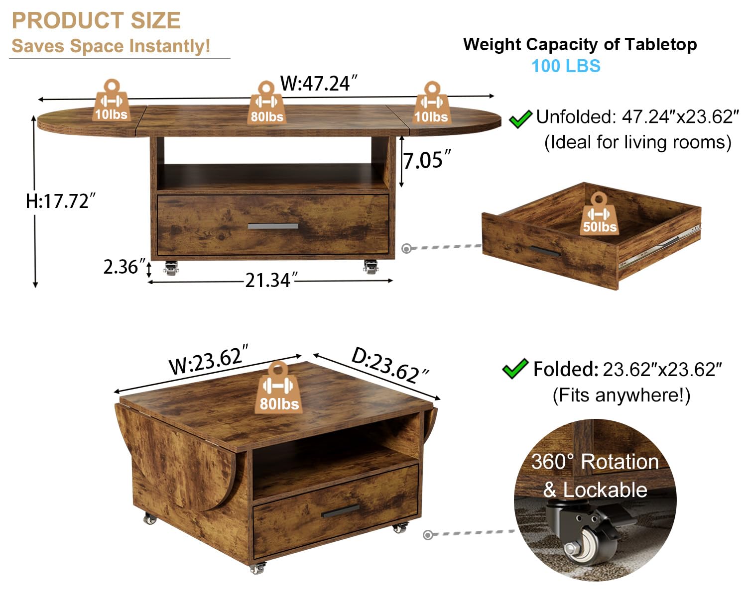 IBF Ovaler Couchtisch 120cm Braun,ausziehbar Holz-Tisch mit Rollen