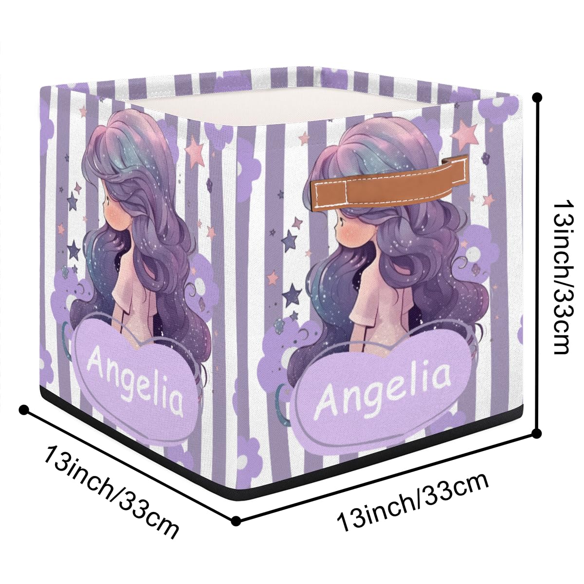 OMFUNS Beautiful Girl Personalized Storage Basket 13x13 Stripe Flower Custom Collapsible Cube Storage Bin Fabric Storage Box Organizing for Closet Shelf Home Nursery Toy Basket