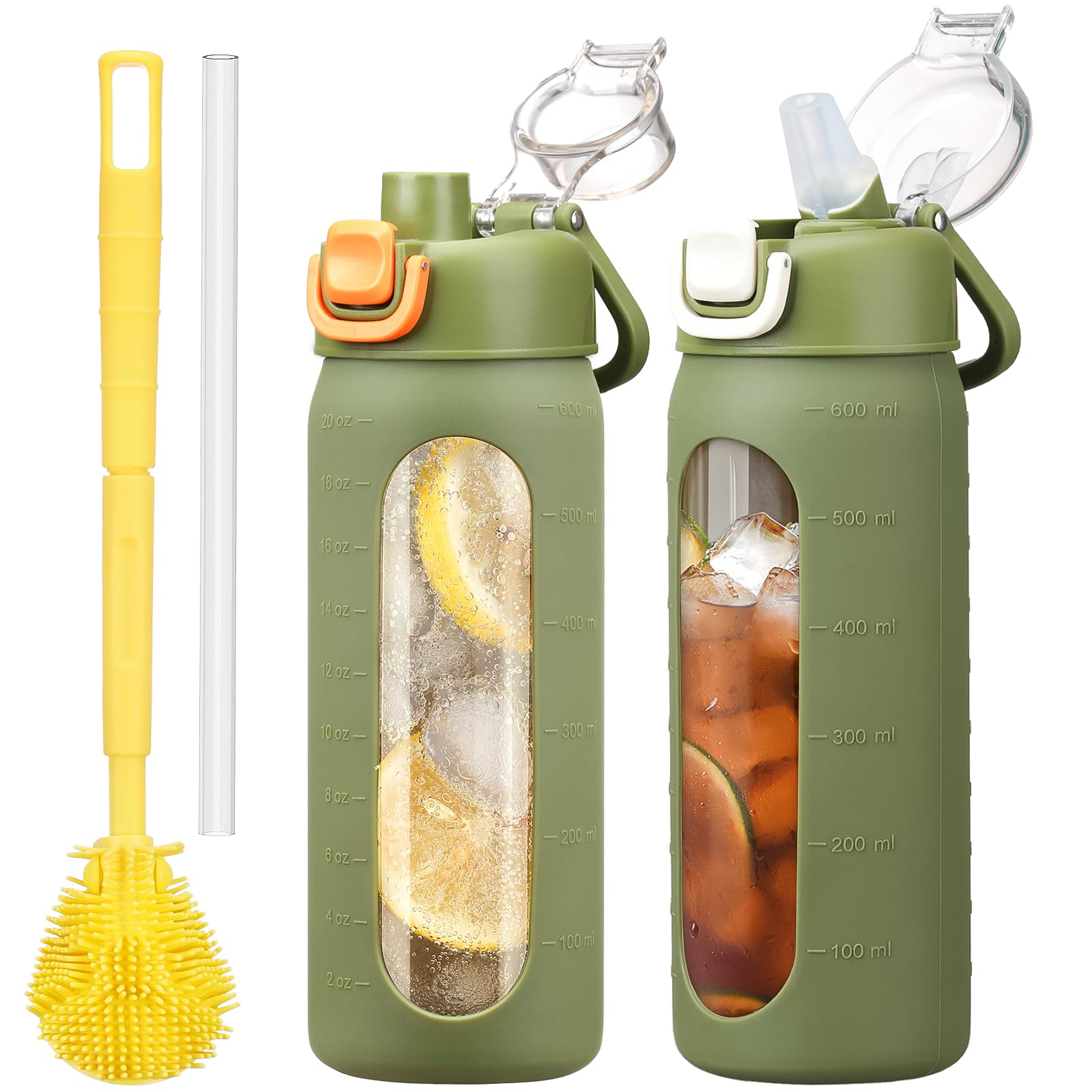 HYDRAGLAZIC 600ml Glass Water Bottle with Straw Reusable Water Bottle with Non-Slip Silicone Sleeve Wide Mouth Leak-Proof for Coffee, Tea and Water,BPA-free, Dishwasher Safe,Army Green