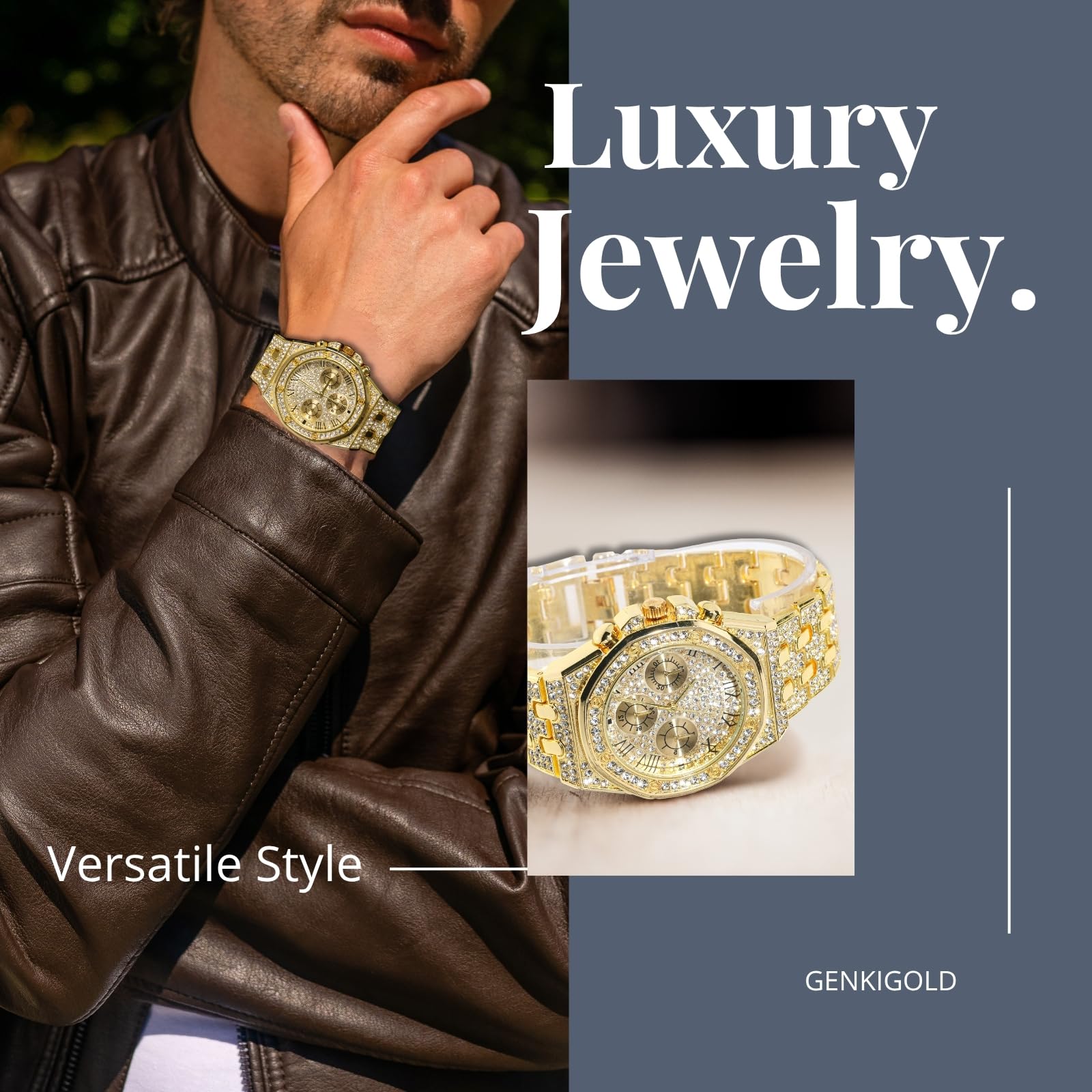 Orologio con Diamanti per Uomo – Quadrante Ottagonale 38mm con Numeri Romani – Placcato in Oro 18K/Platino 23cm – Quarzo Giapponese – Gioiello di Lusso – Può essere Abbinato a Catena Cubana
