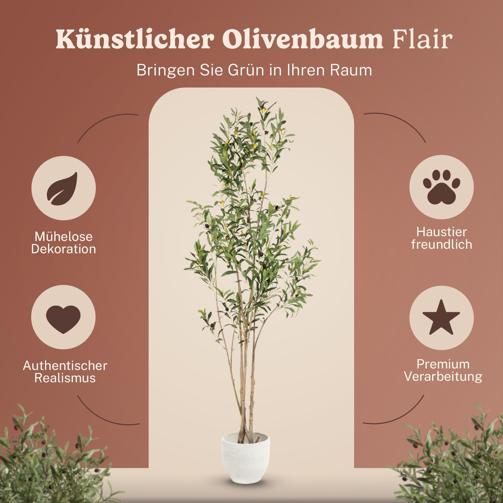 MAIA SHOP Olivenbaum Künstlich Flair 180 cm - Kunstbaum wie Echt | Künstlicher Olivenbaum mit Naturholzstamm und Oliven für Wohnzimmer Flur Büro - Schwarzer Topf Inklusive