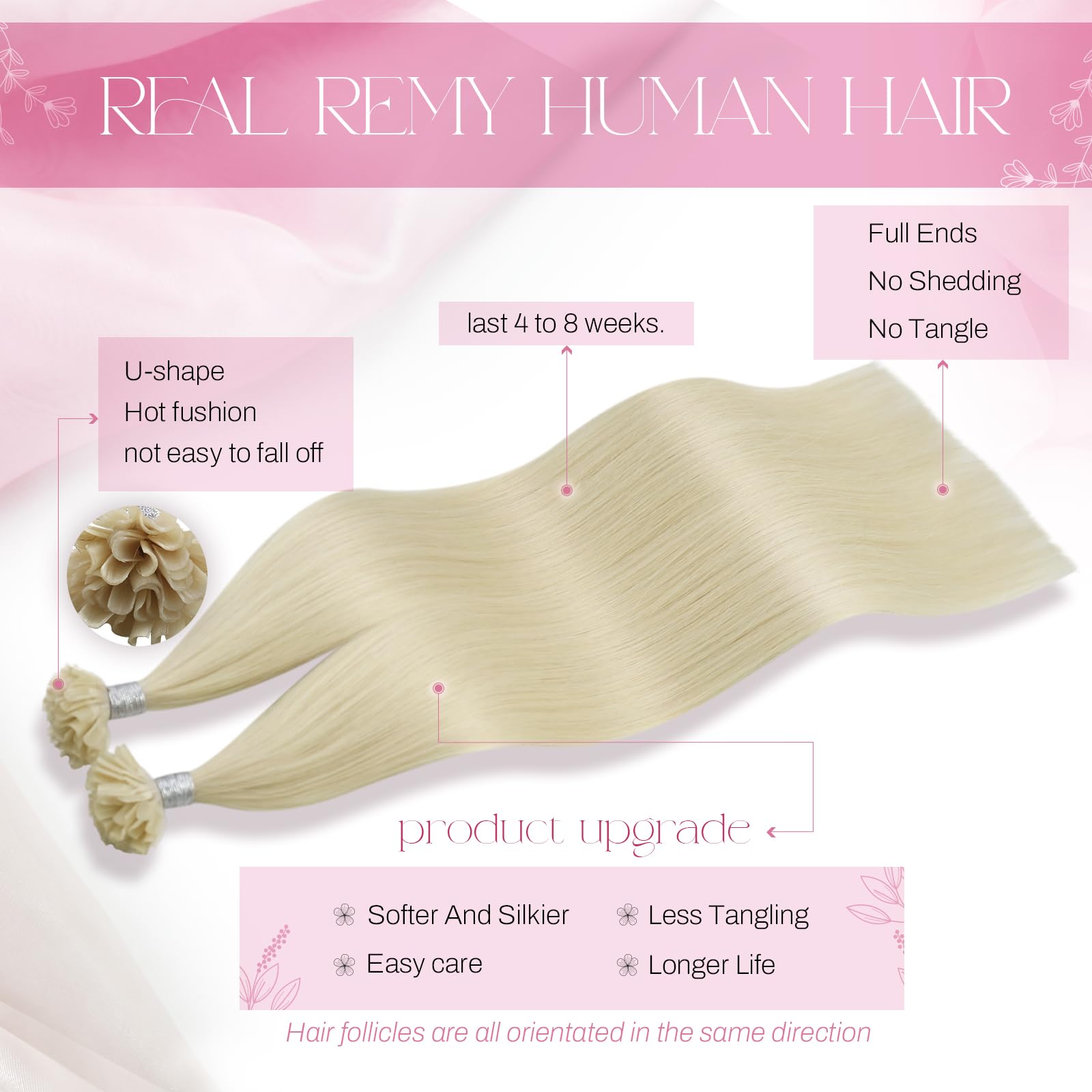 Moresoo Extension Capelli Veri Cheratina Platino Biondo Cheratina per Extension Capelli Veri con Cheratina Extension Cheratina Capelli Veri Biondo Chiaro 40 cm 50g 50 Ciocche #60 1g/1s