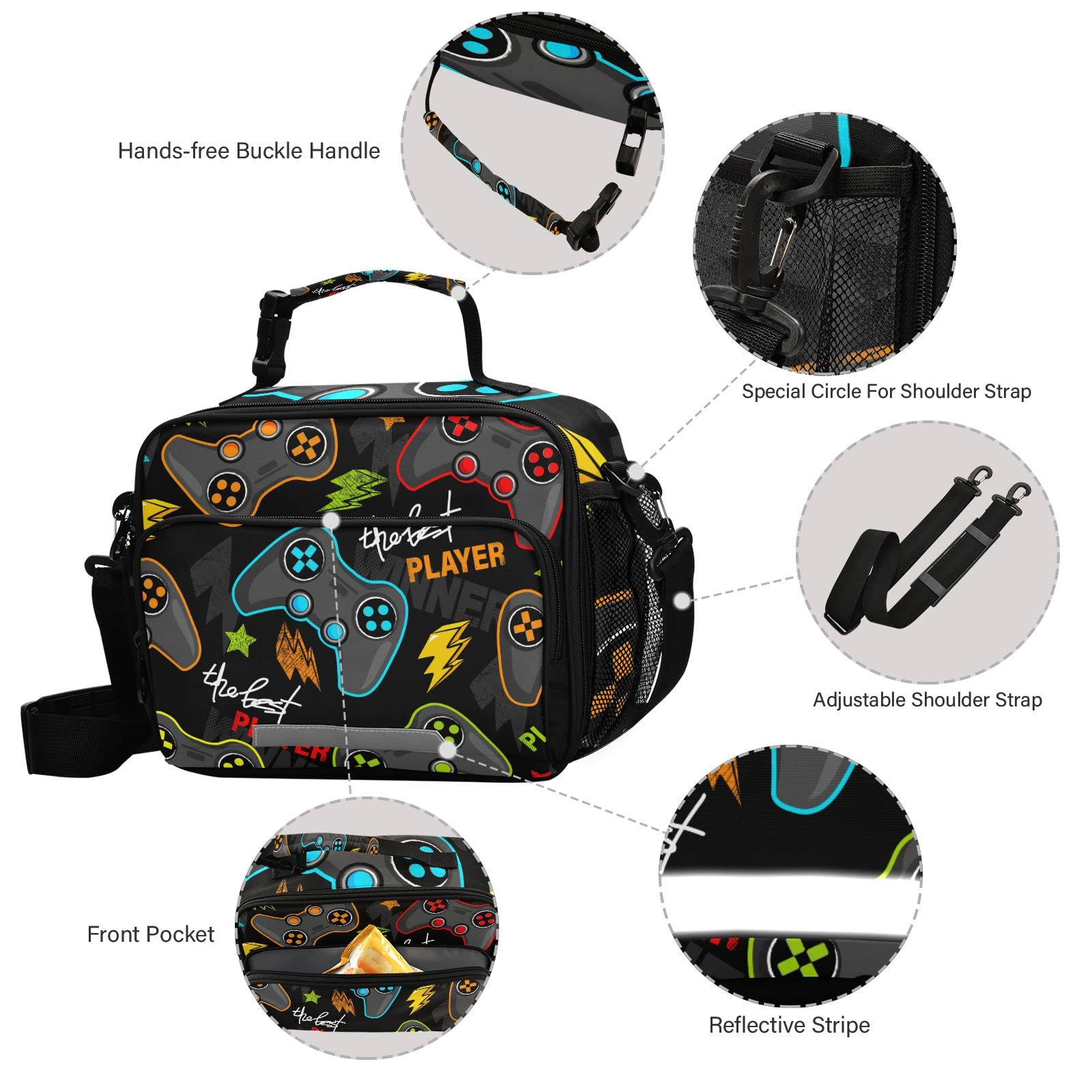 Oarencol Isolierte Lunchtasche – Gamer Design – Bunt – Mit Schultergurt – Kühltasche Für Arbeit, Picknick, Schule & Strand