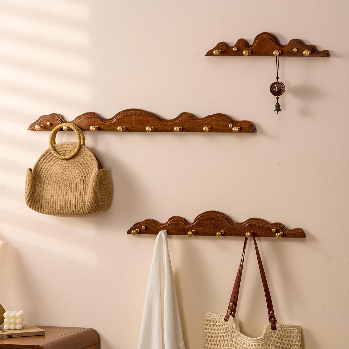 Sapele Wood Wall Mount Coat Rack, Hill-Shaped Decorative Hook with 6 Brass Hooks, 14.75 x 2.95 Inches, for Hanging Clothes Hats Scarves (8hook)