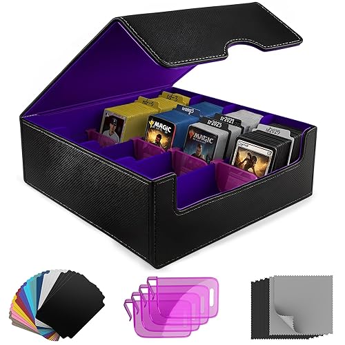 Trading Card Storage Box (3000+ Cards Capacity) – Magnetic MTG Deck Box, Waterproof PU Leather, Thickened Material – Includes 24 Dividers, 4 Card Stands, 6 Cleaning Cloths – Card Box for TCG & YuGiOh - Black & Purple