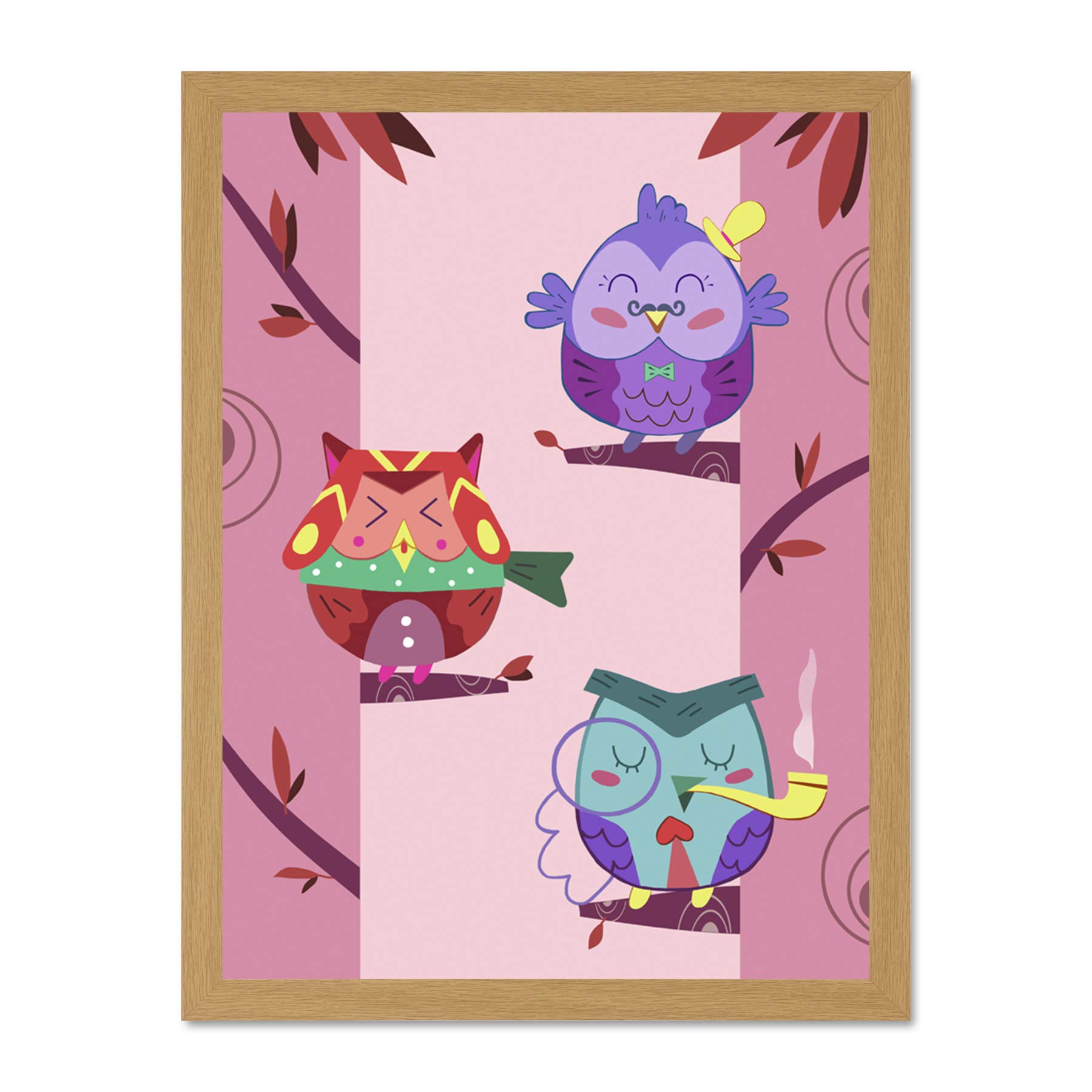 Wee Blue Coo Kawaii Owls Tree Large Framed Art Print Wall Poster 18x24 inch
