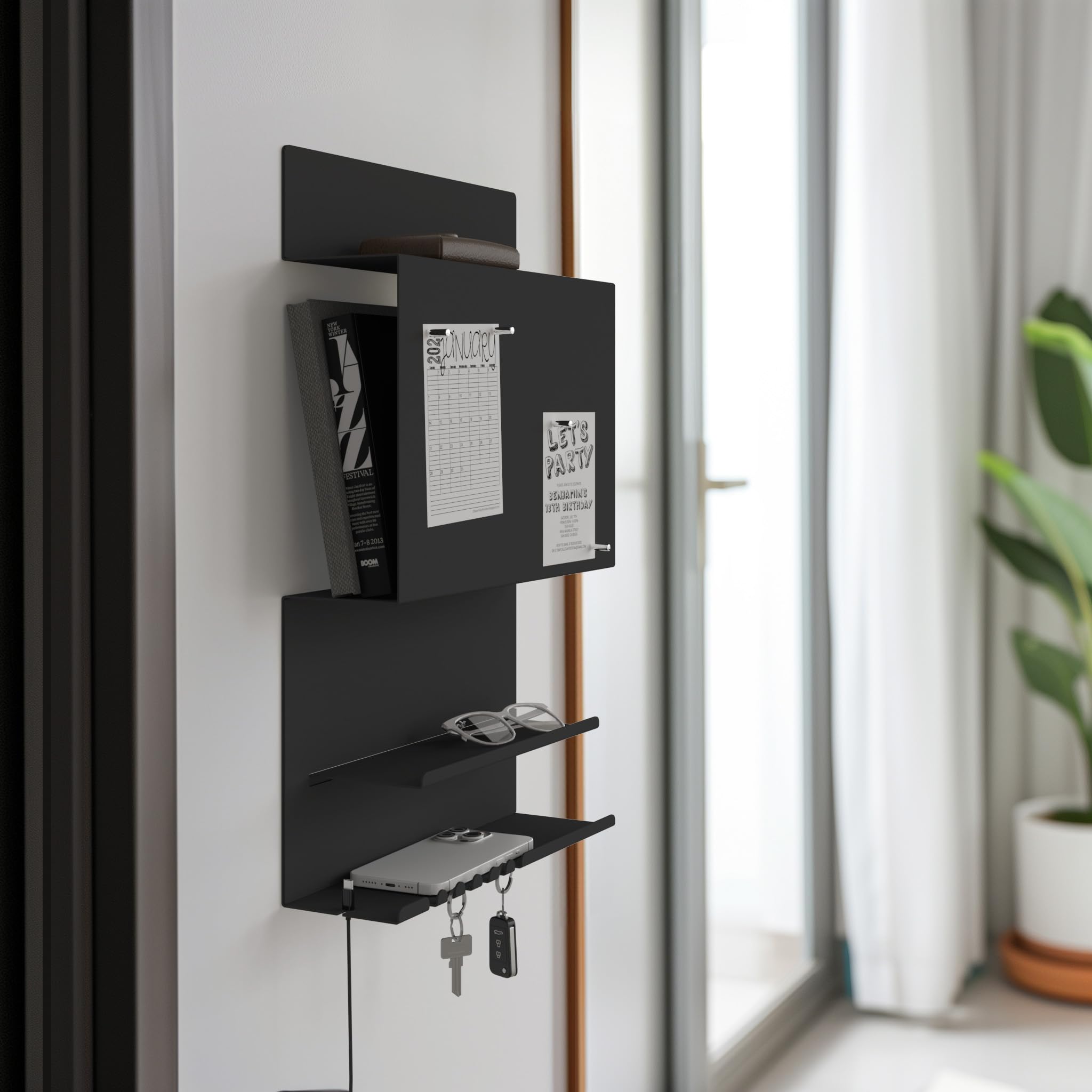 byde Organizer Ścienny Hepe Wykonany z Metalu 30 x 9 x 49 cm Półka Ścienna 3 w 1 z Tablicą Magnetyczną i Magnesami. Organizer na Klucze, Gazetę i Notatki. Montaż na Ścianie z Szablonem Montażowym. Kolor Czarny