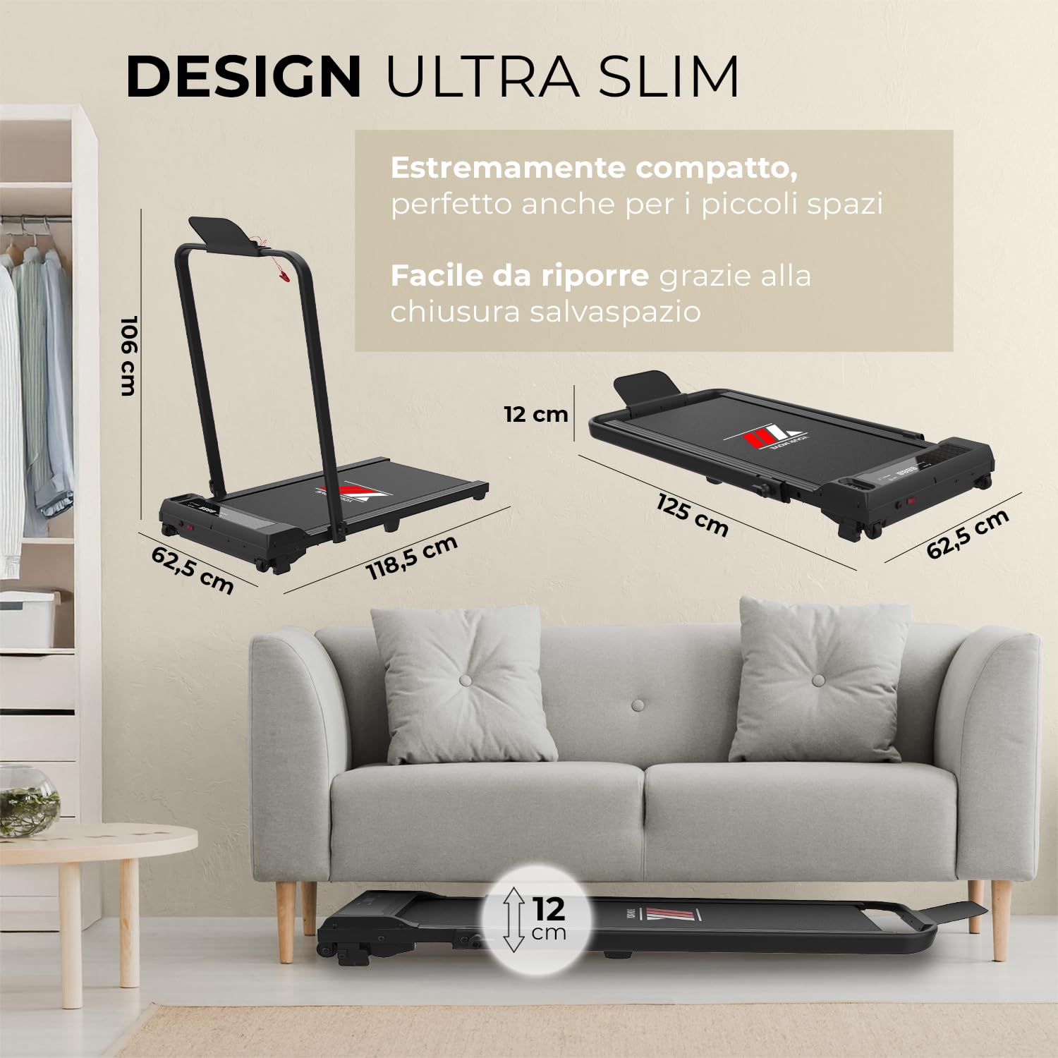 YM Tapis Roulant Salvaspazio 12 km/h, MARCHIO ITALIANO, Inclinazione, Telaio rinforzato, Elettrico, Pieghevole, 12 Programmi, Your Move ASSISTENZA ITALIA, Mod. 2026