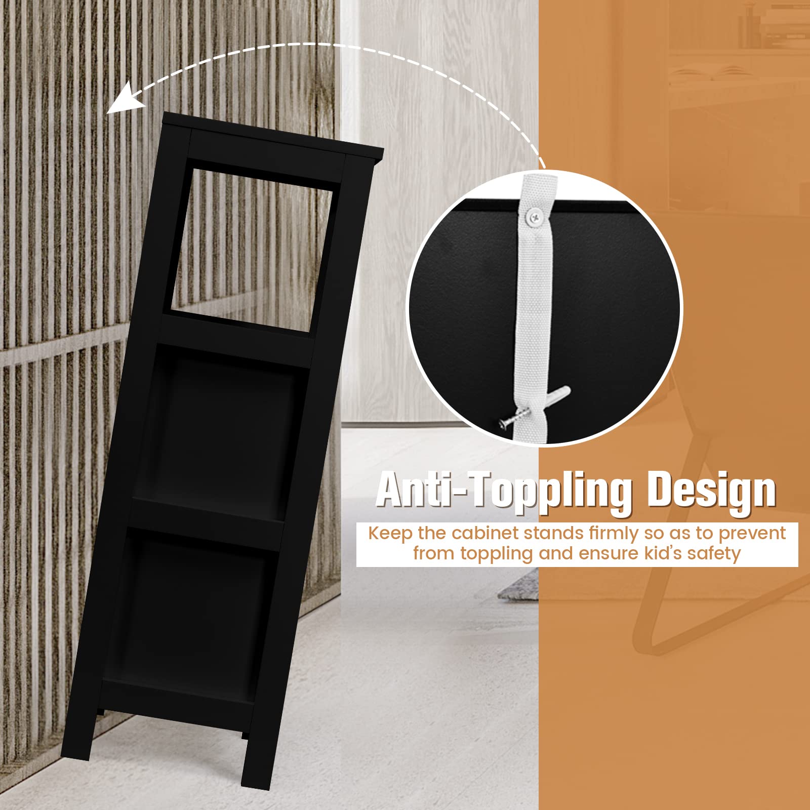 GIANTEX Badezimmerschrank, Schmaler Badeschrank mit 2 Schubladen, 30 x 30 x 89 cm, freistehender Schrank für Badezimmer & Wohnzimmer, Badkommode Aufbewahrungsschrank (Schwarz)