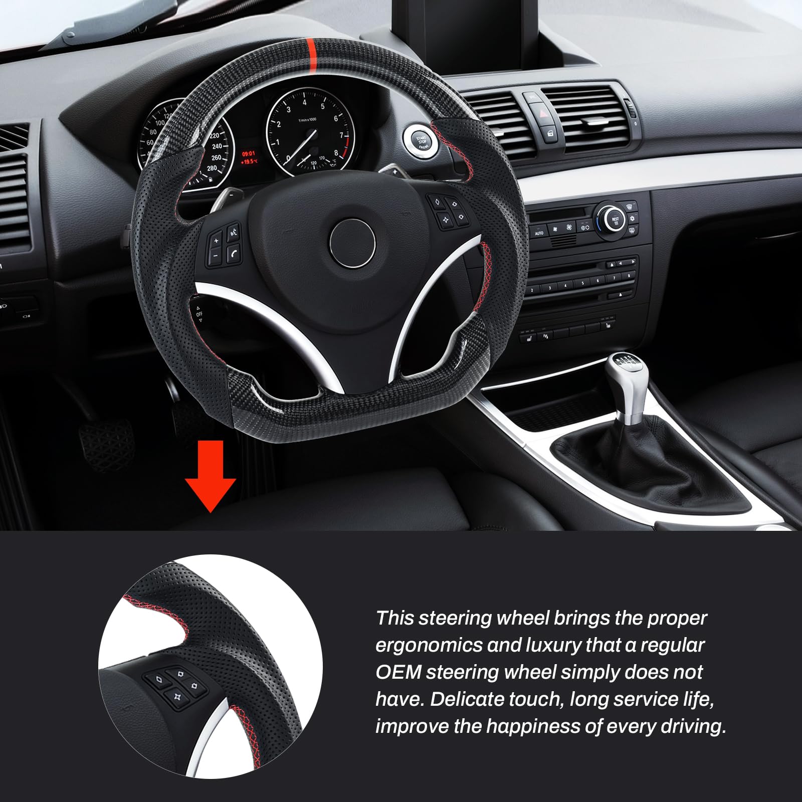 Handgefertigte echte Carbonfaser-Lenkrad, D-förmiges Lenkrad mit flacher Unterseite, Perforiertem Ledergriff für BMW M Sport 1/3 Serie M3 E88 E90 E91 E92 E93 2005-2012