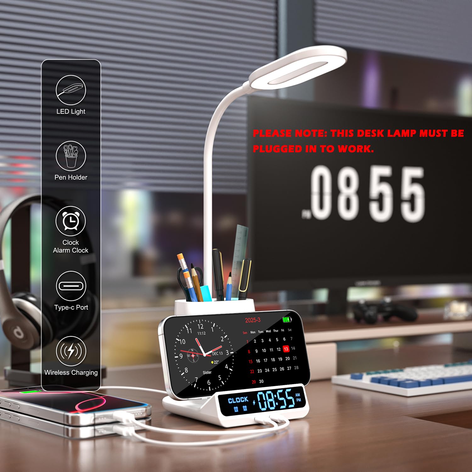 5-en-1 Lampe de Bureau LED Intensité Variable avec Horloge, Réveil, Porte-Stylo et Fonction de Recharge, 3 Couleurs de Lumière,Lampe d'étude, Lampe de Chevet, Lampe de Lecture Veilleuse