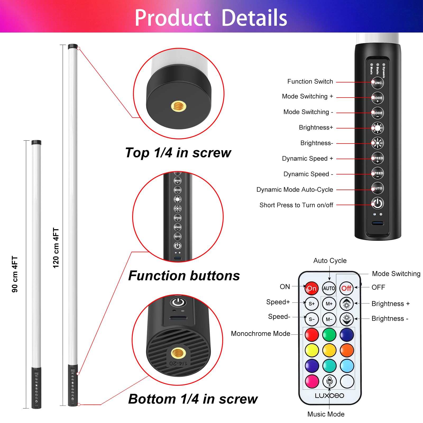 Luce video LED portatile, stick luminoso per fotografia LUXCEO Mood1, dimmerabile e memoria, batteria integrata da 2000 mAh, lampada fotografica RGB per YouTube,TikTok,streaming di giochi(120cm)