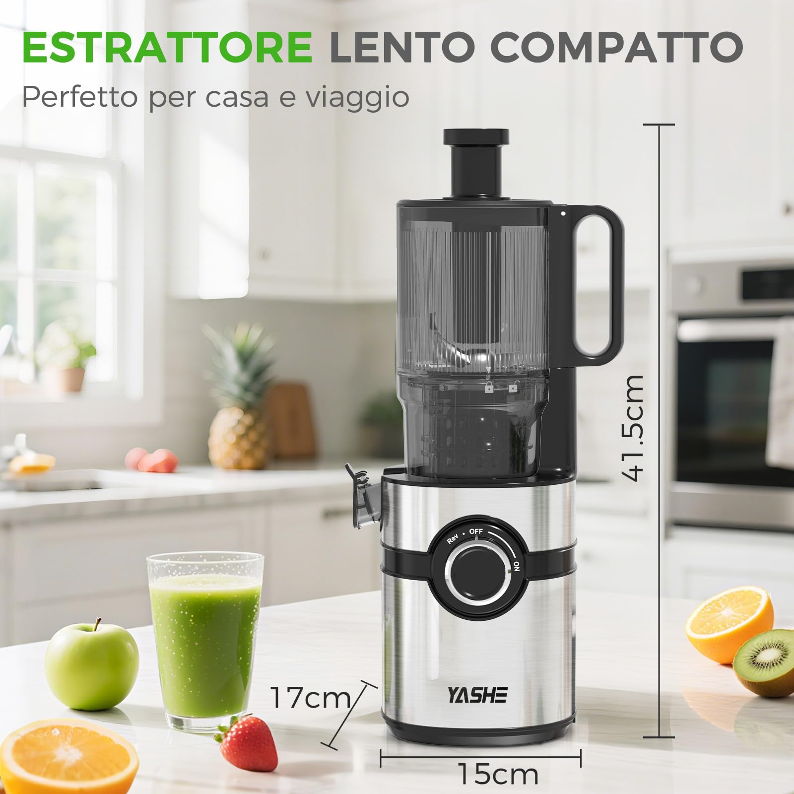 Estrattore di succo a freddo, YASHE juicer machine con ampio tubo di alimentazione da 12,7 cm per frutta e verdura intere, spremiagrumi con autoalimentazione, alta resa di succo, facile da pulire, ner