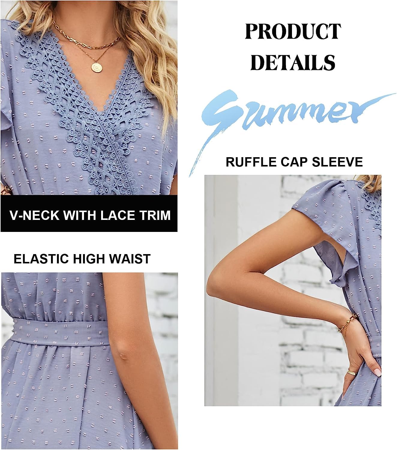 Femmes col en V Robe à Lacets Volants Manches décontractées Robe de midi a - Ligne Robe d'été Taille Haute