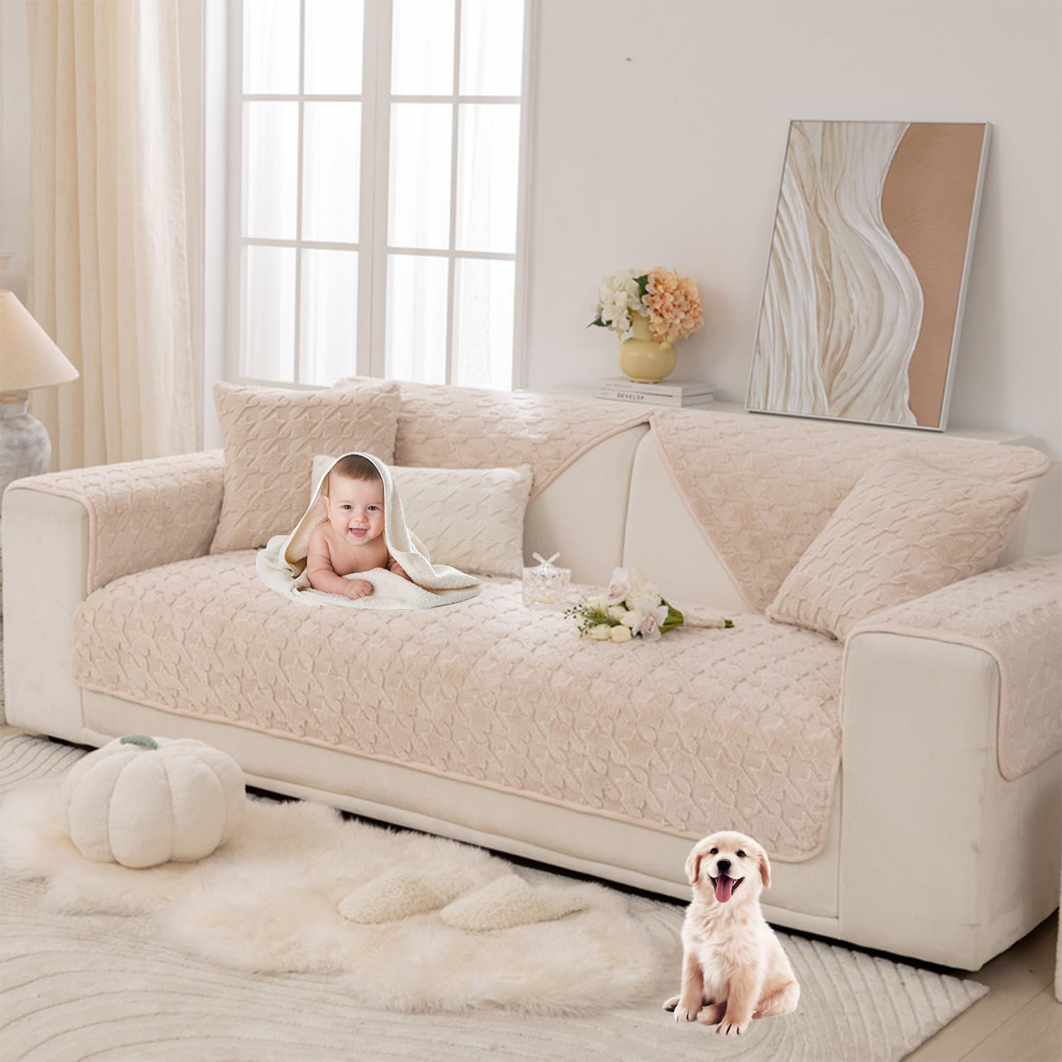 Funda de sofa felpa en forma L lavable para evitar manchas y pelos de mascotas