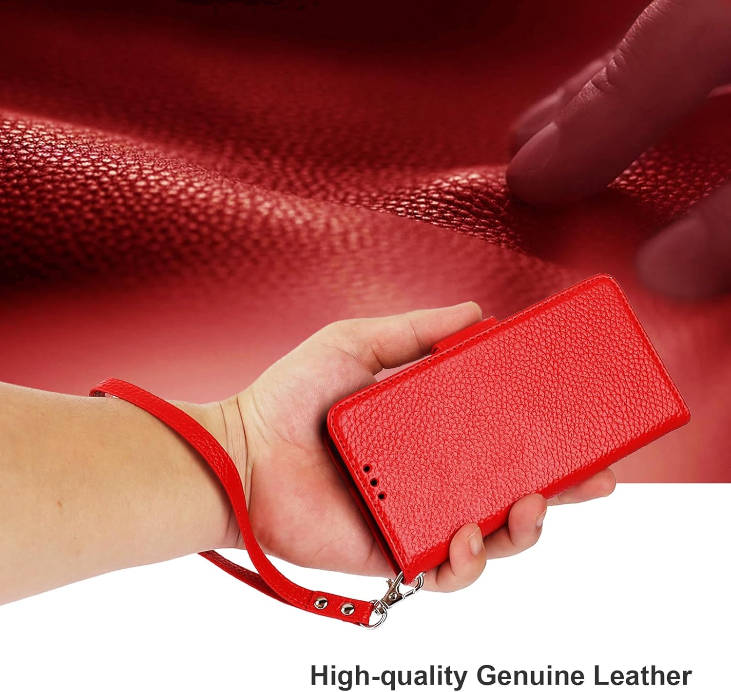 Bocasal Wallet Case for iPhone 15 Pro 5G, Genuine Leather Support Wireless Charging RFID Blocking Flip Case Card Slots Holder, Kickstand Book Folding Folio Cover with Wrist Strap 6.1 Inch (Red)