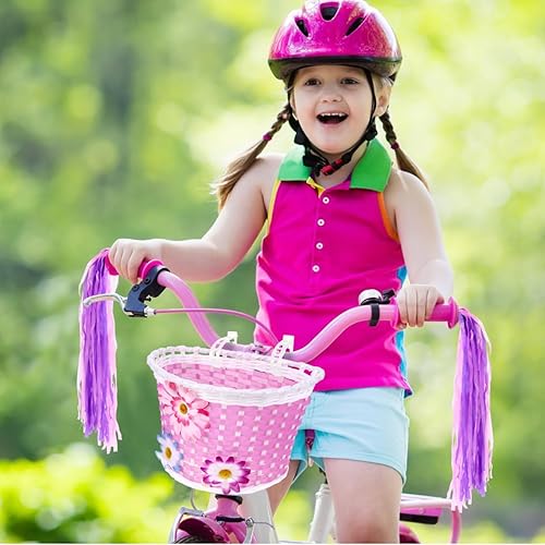 Miniatura 4 de Garneck Cesta de bicicleta para niñas, cesta delantera para manubrio con flores, accesorio de bicicleta para niños y niñas, cesta de plástico para