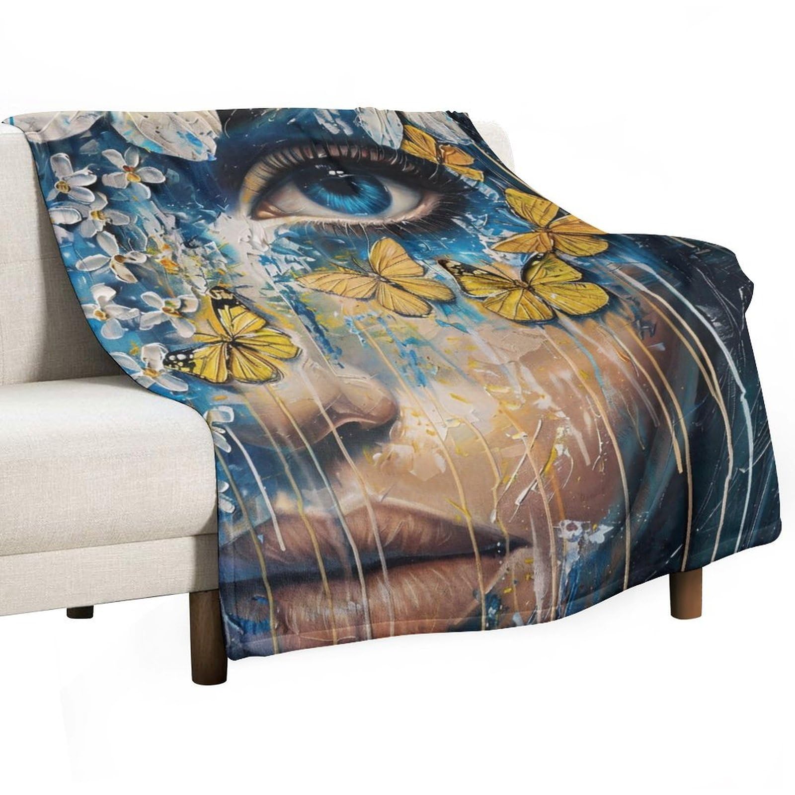 YHGSREUOH Blue Eye Floral Butterfly Woman Surreal 02 Flannel Blankets Fleece Soft Throw Lightweight Plush Gifts for Couch, Bed, Cozy Sofa Plush, Chair, Lovers 138x175cm(55x70in)