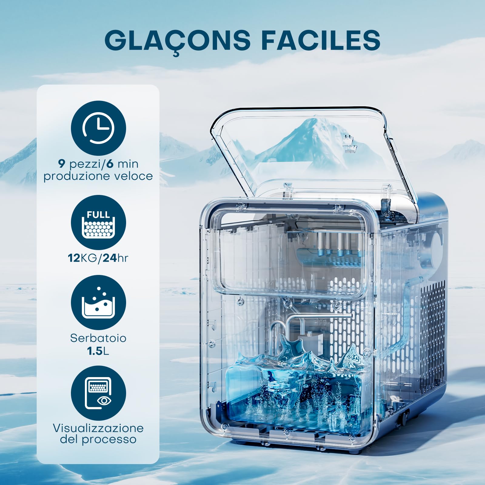 QEXREED Macchina del ghiaccio da banco, 9 cubetti in 6 min, 12 kg/24h, autopulente, macchina ghiaccio casa con paletta e cestello, per cucina, ufficio, camper, aperitivi e serate tra amici