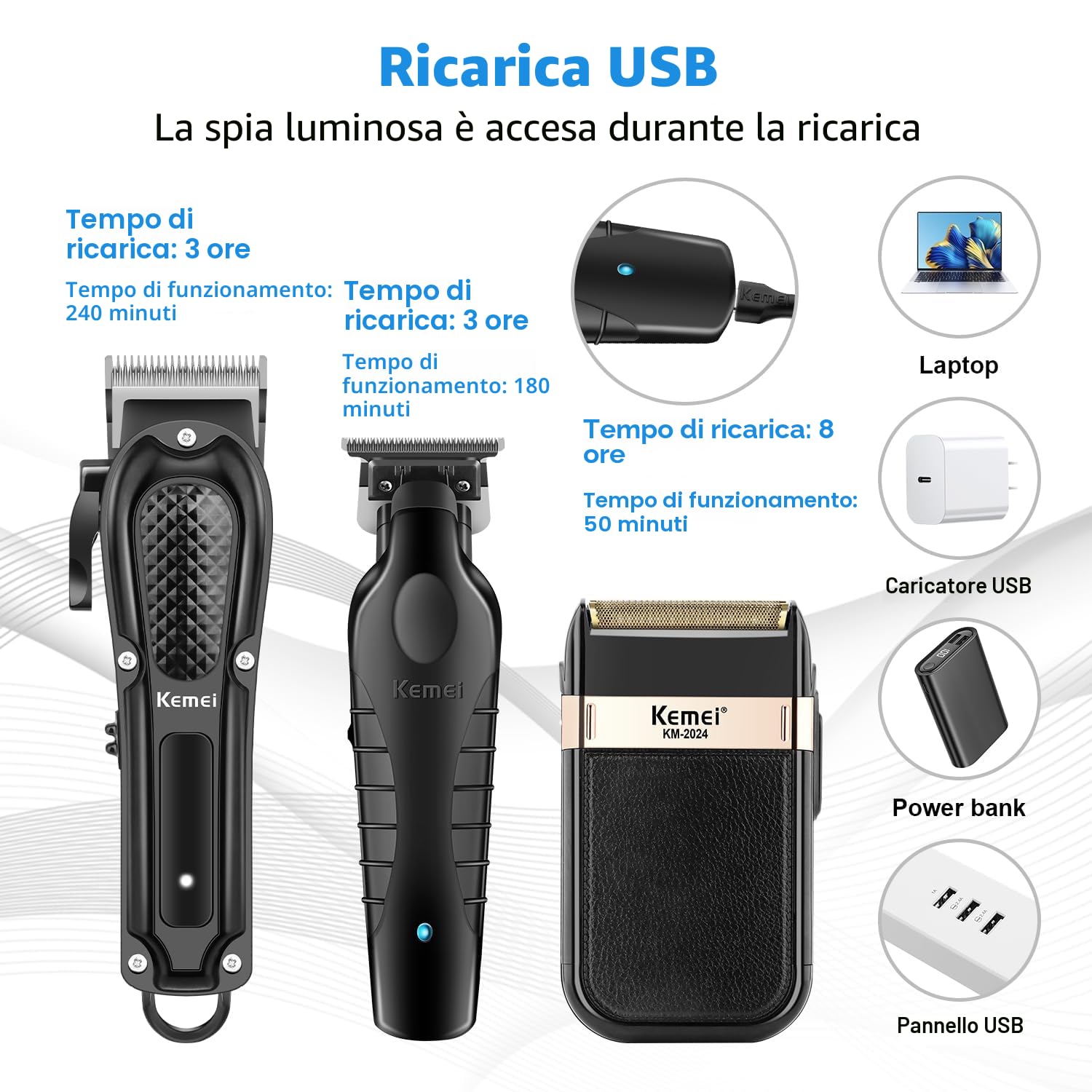 KEMEI Tagliacapelli professionale per uomo, set completo senza fili con trimmer a lama T, rasoio con lamina e 9 pettini guida