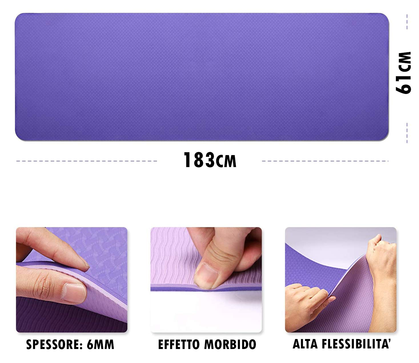 IBK FITNESS - Tappetino da Yoga, Tappetino da Yoga Imbottito e Antiscivolo Fitness Pilates e Ginnastica con Cinturino di TPE,180 x 60 cm