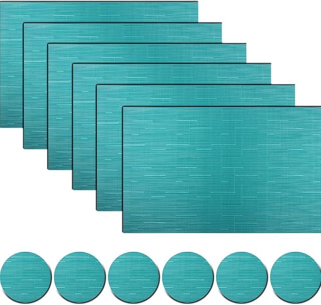 PIGCHCY Placemats and Coasters Set of 6, Washable Non-Slip Kitchen Table Mats, Elegant Heat-Resistant Placemats for Dining Table (45cm X 30cm, Turquoise)