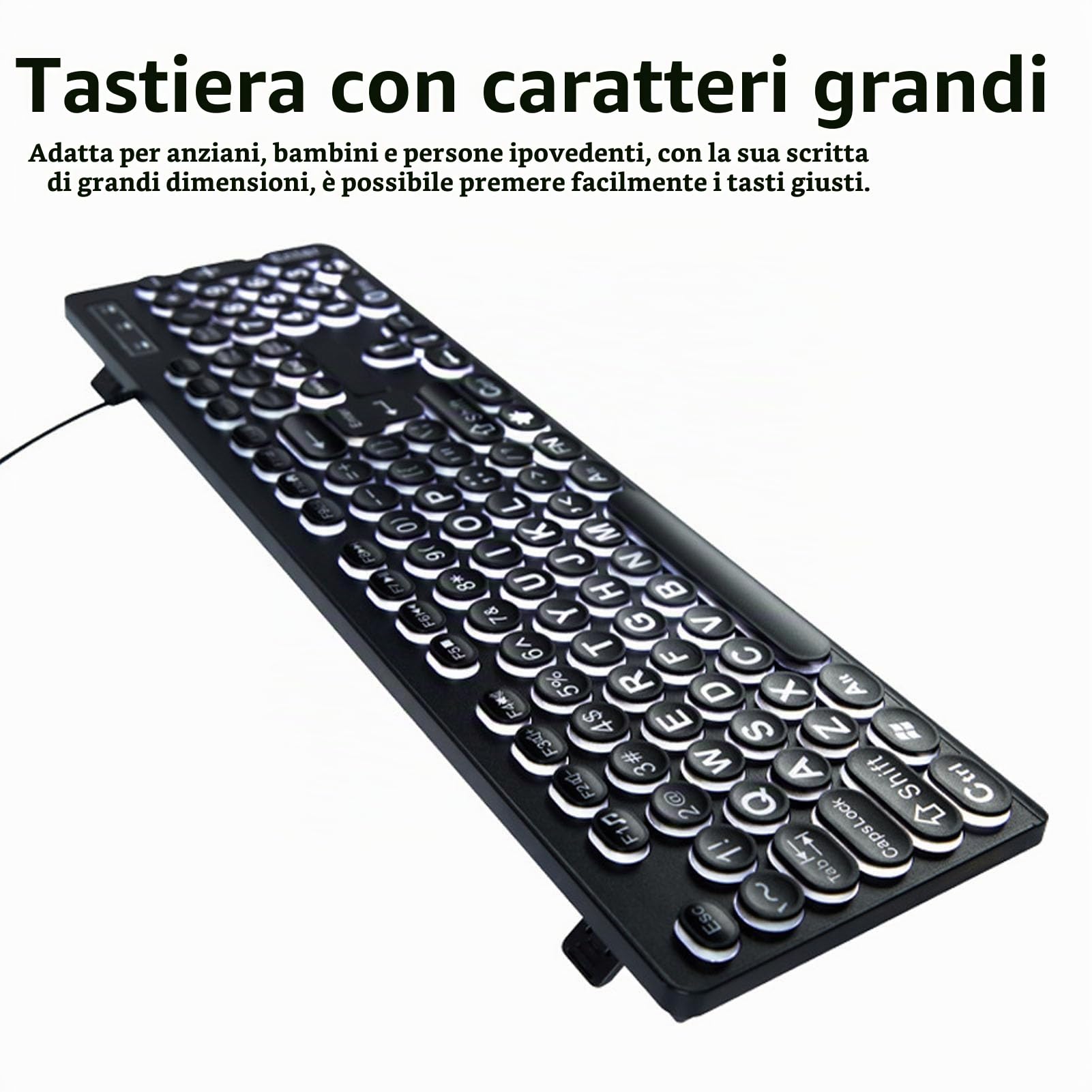 Tastiera Retroilluminata con Caratteri Grandi, Tastiera Illuminata per Anziani o Ipovedenti, Tastiera USB a 104 Tasti con Lettere Oversize