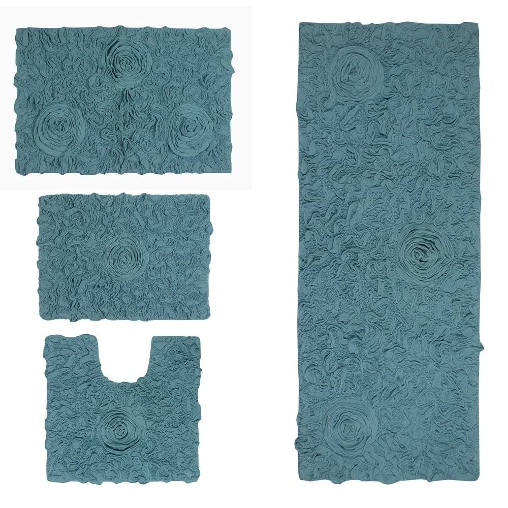 Functional Durable Teal Blue Cotton Bathroom Rugs Sets 4 Piece with Pretty Floral Tufted Pattern On Solid Background