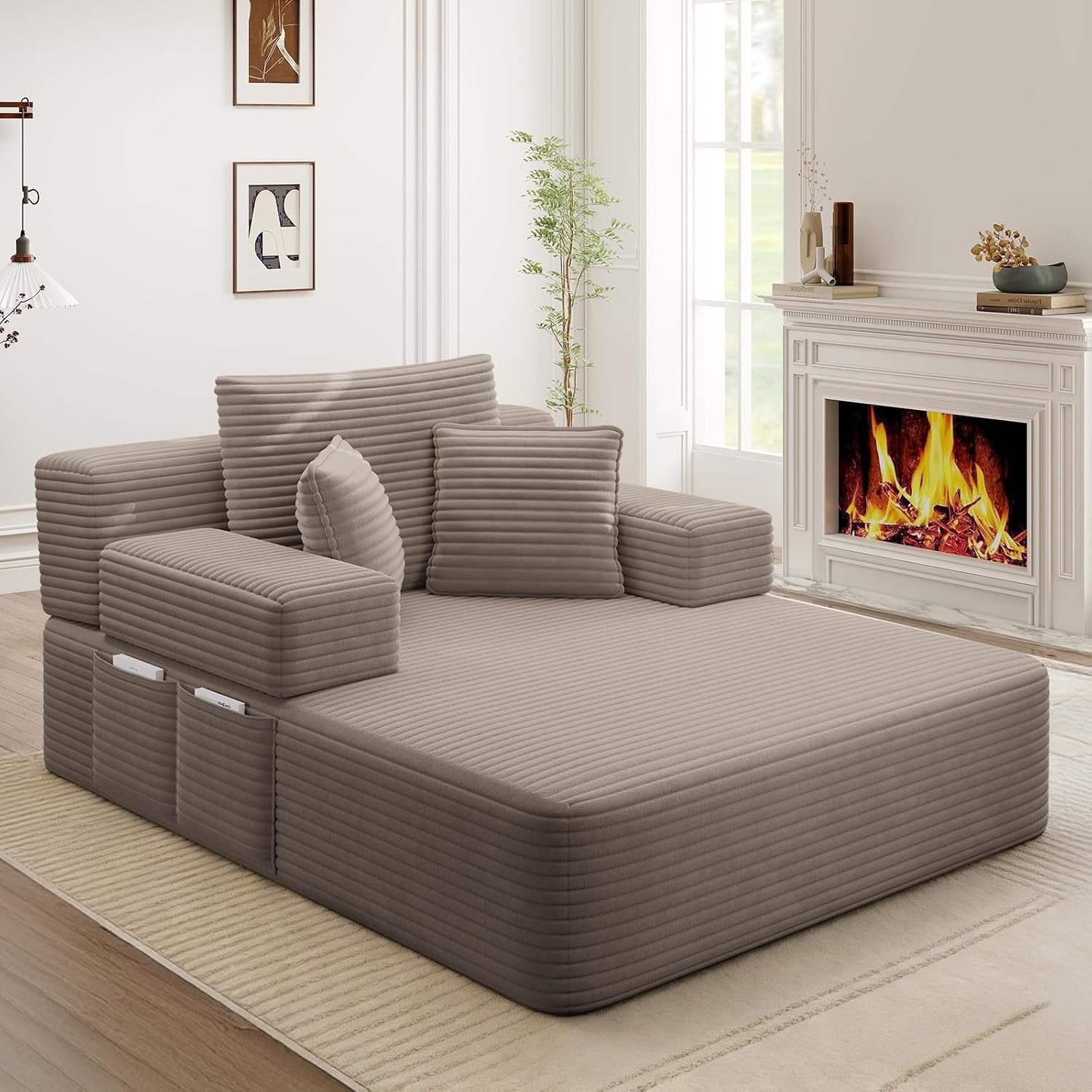 2-in-1 Convertiable Oversized Chaise Lounge Chair Indoor, 48.5" Corduroy Comfy Boneless Sofa Chair with Reversible Backrest & Pockets, Cloud Couch Sleeper Sofa Bed for Living Room, Bedroom(Coffee)