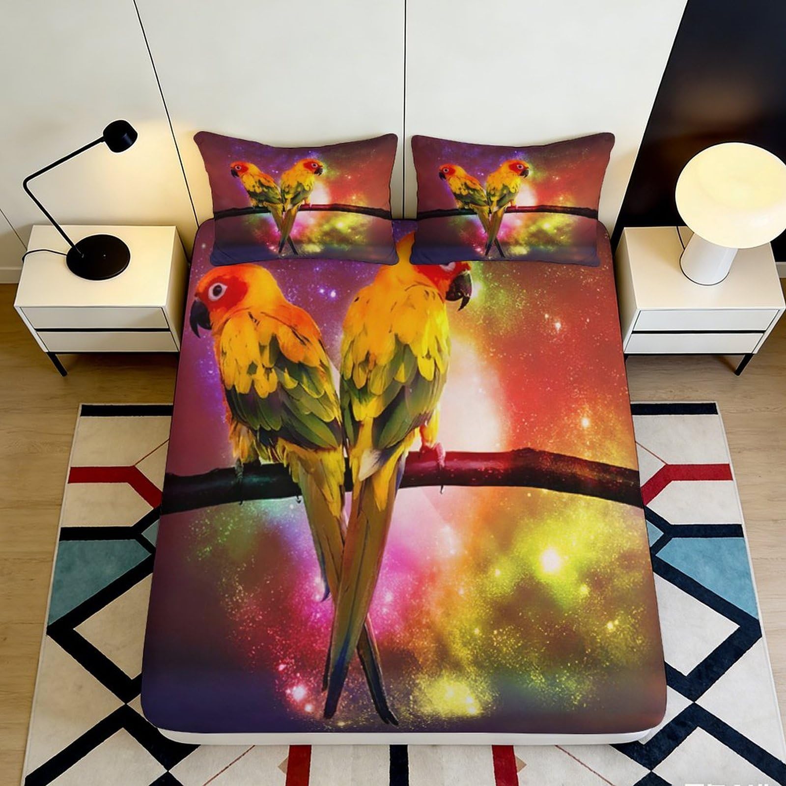 Jqzkxnhpbr Style-10 3D Printed Tropical Parrot Fitted Sheet Microfiber Soft Bedroom Decor Sunset Bird Mattress Cover For Home Dorm 90X200x25cm