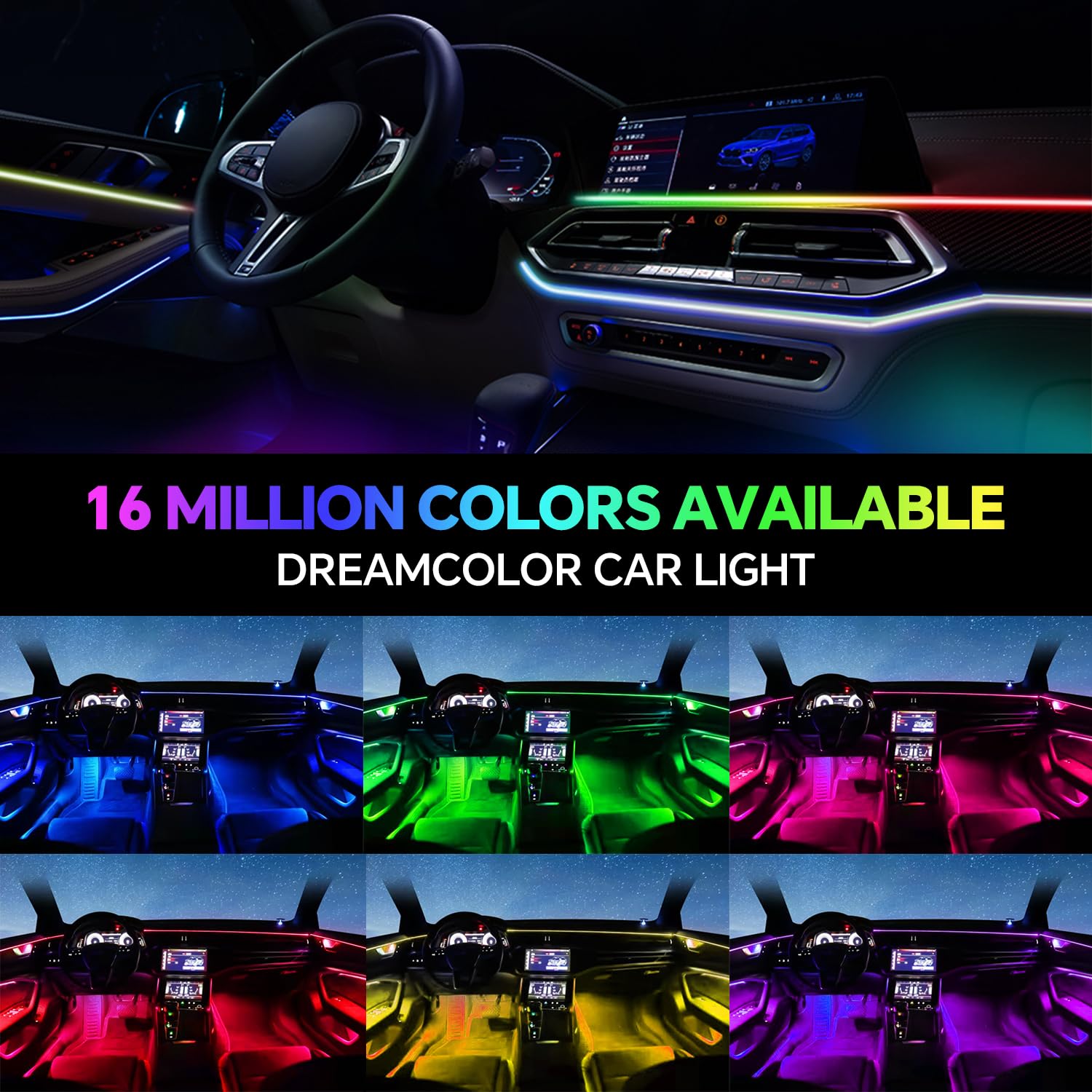 Acryl-Innenraumbeleuchtungsset für Autos,Bphuny 18-in-1 593 LEDs,Glasfaser,mehrere Modi,Dekorations-Atmosphärenlichter mit Musik,dynamischem Regenbogenrhythmus,RGB-Neonlichter für alle Autos