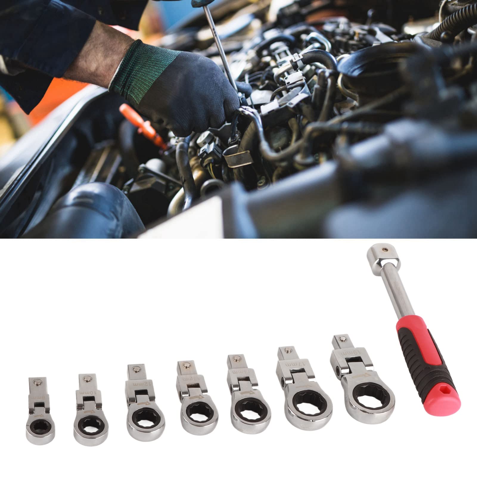 Jeu de clés à cliquet 8 pièces |Tête pivotante à 180° en acier allié chromé |Kit d'outils robuste pour la réparation automobile, l'entretien de la maison, l'assemblage de meubles