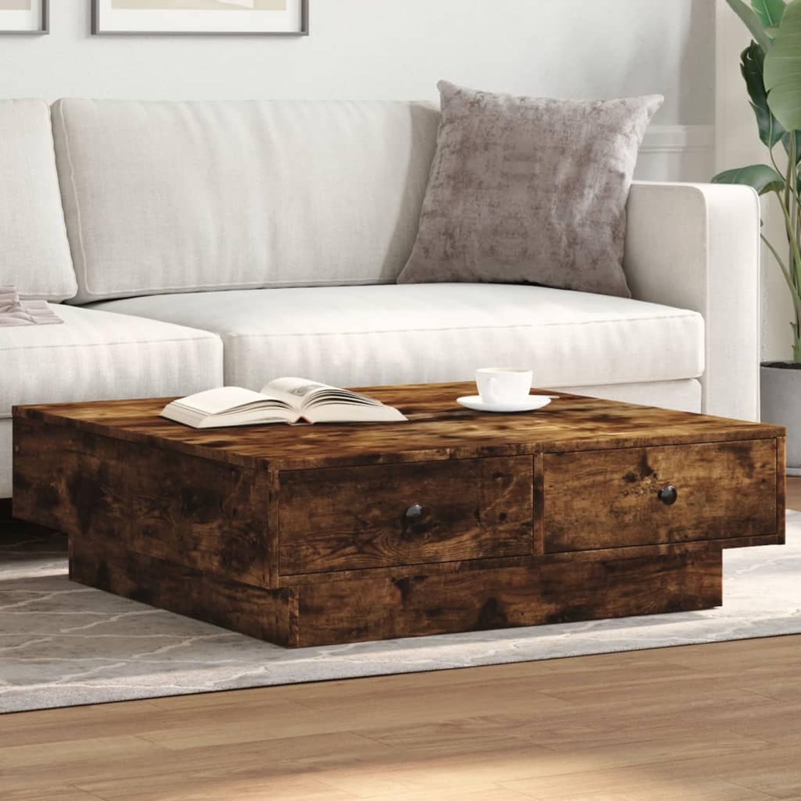 Stolik kawowy dąb wędzony, 90 x 90 x 28 cm, wykonany z materiału drewnopochodnego z metalowymi gałkami, stabilny stolik pomocniczy do salonu, obszaru TV i salonu