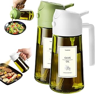 TrendPlain - 16oz Olive Oil Dispenser for Kitchen - 2 in 1 Olive Oil Dispenser and Oil Sprayer - Olive Oil Dispenser Bottle w/Stickers - Olive Oil Sprayer for Cooking 2Pcs White&Green (Light Blockage)