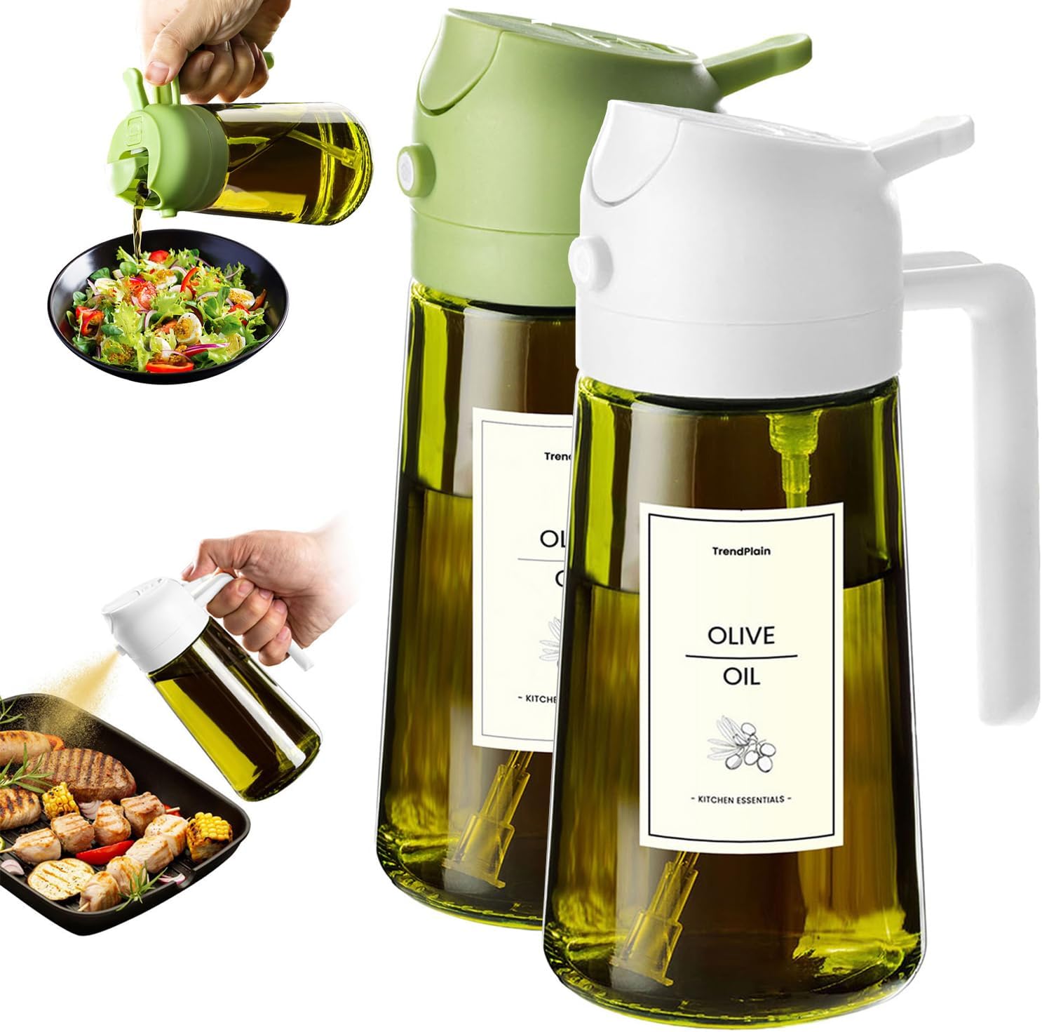 16oz Olive Oil Dispenser for Kitchen - 2 in 1 Olive Oil Dispenser and Oil Sprayer - Olive Oil Dispenser Bottle w/Stickers - Olive Oil Sprayer for Cooking 2Pcs White&Green (Light Blockage)