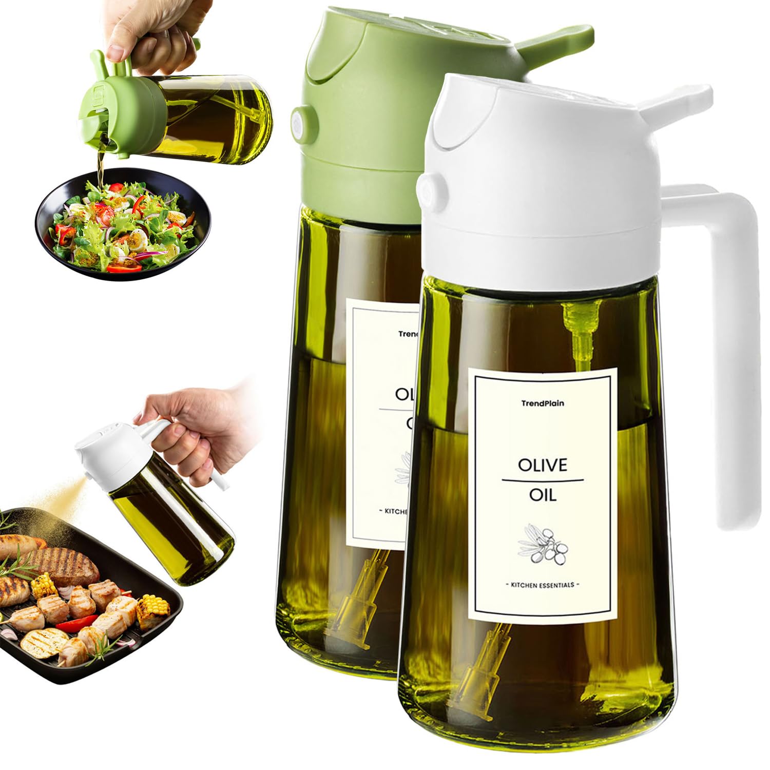 TrendPlain - 16oz Olive Oil Dispenser for Kitchen - 2 in 1 Olive Oil Dispenser and Oil Sprayer - Olive Oil Dispenser Bottle w/Stickers - Olive Oil Sprayer for Cooking 2Pcs White&Green (Light Blockage)