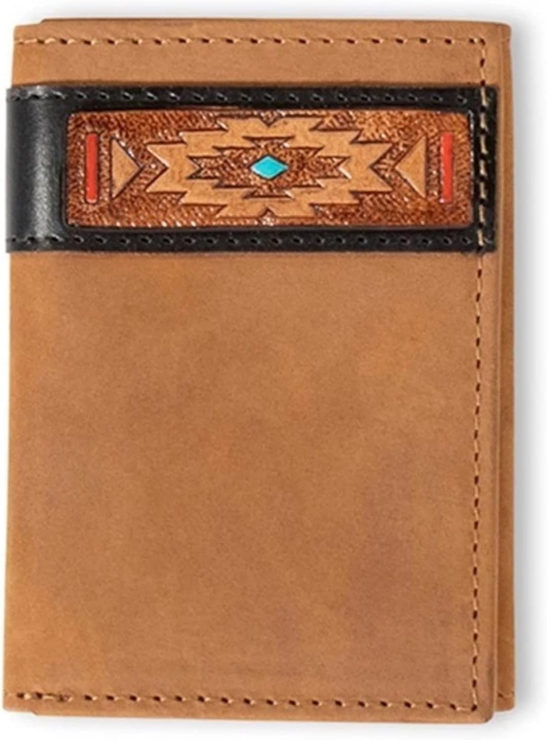 ARIAT Trifold Southwest Red/Turquoise Accent Wallet, Aged Black