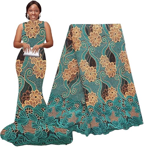 Tela de encaje africano 5 yardas 2022 Tela de encaje nigeriano de oro verde bordado con cuentas para vestido de novia BBJ854