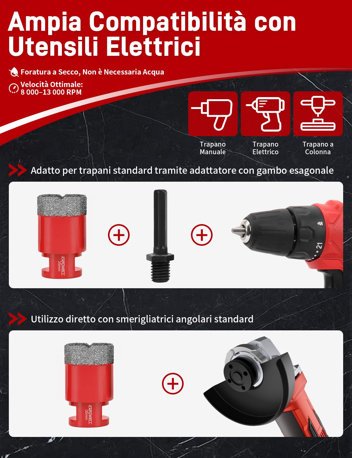 Set da 8 Punte Trapano Diamantata, Frese Piastrelle Ø 6/8/10/12/35/50/68mm con Adattatore M14 a Gambo Esagonale, Vacuum Brasato, per Porcellana, Granito, Marmo, Taglio a Secco