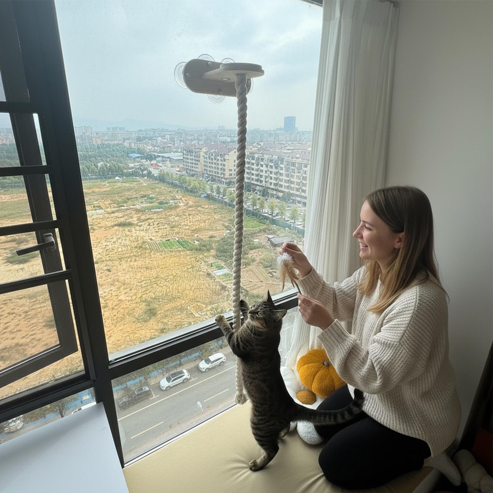 Kletterseil für Indoor-Katzen Interaktives Spielzeug | 150 cm Interaktives Seil geeignet für Haus, Wohnung, Schlafsaal, Bauernhof, Wohnzimmer, Schlafzimmer